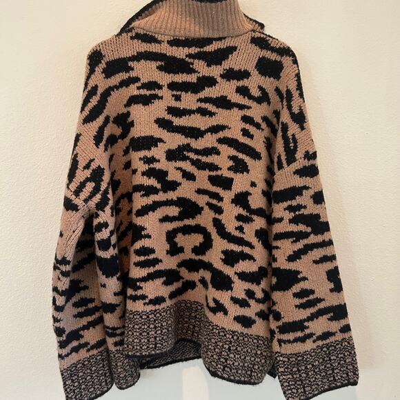 Aqua Bloomingdales Sweater 1/2 Zip Leopard Animal Print SZXXL Brown Black - Picture 2 of 11